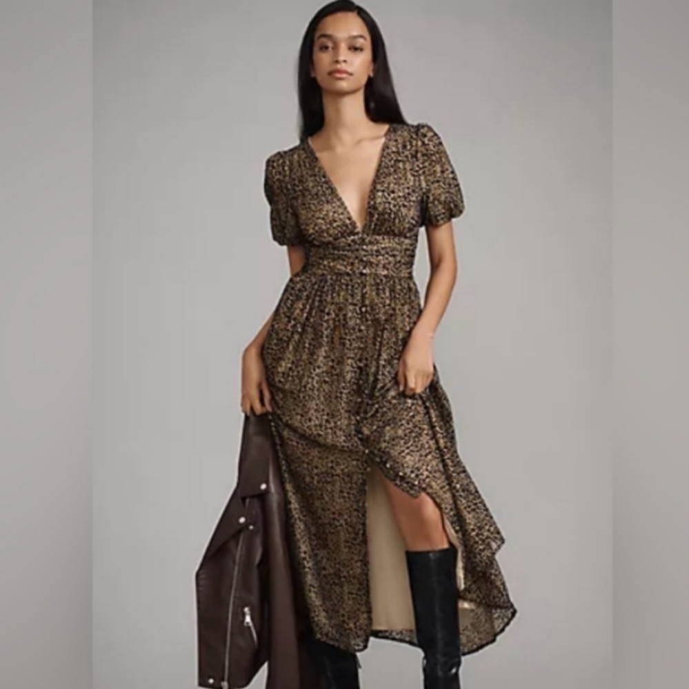 Anthropologie Katerina Leopard Velvet Midi Dress Size 2P